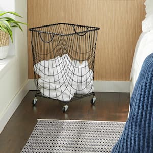 Black Deep Set Metal Mesh Laundry Basket Storage Cart with Wheels and Handles