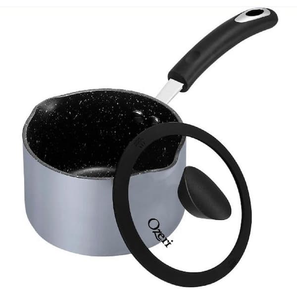 3.2 Qt. Stone Layered with Aluminum Core Nonstick Saucepan in Granite Gray with Silicone Coated Handle and Glass Lid
