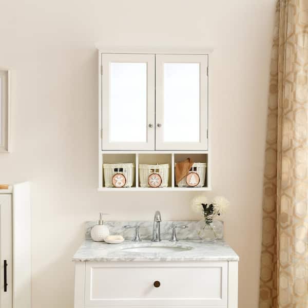 Zeus & Ruta 25 in. W x 30 in. H Rectangular Wood Medicine Cabinet with Mirror and 3 Storage Basket