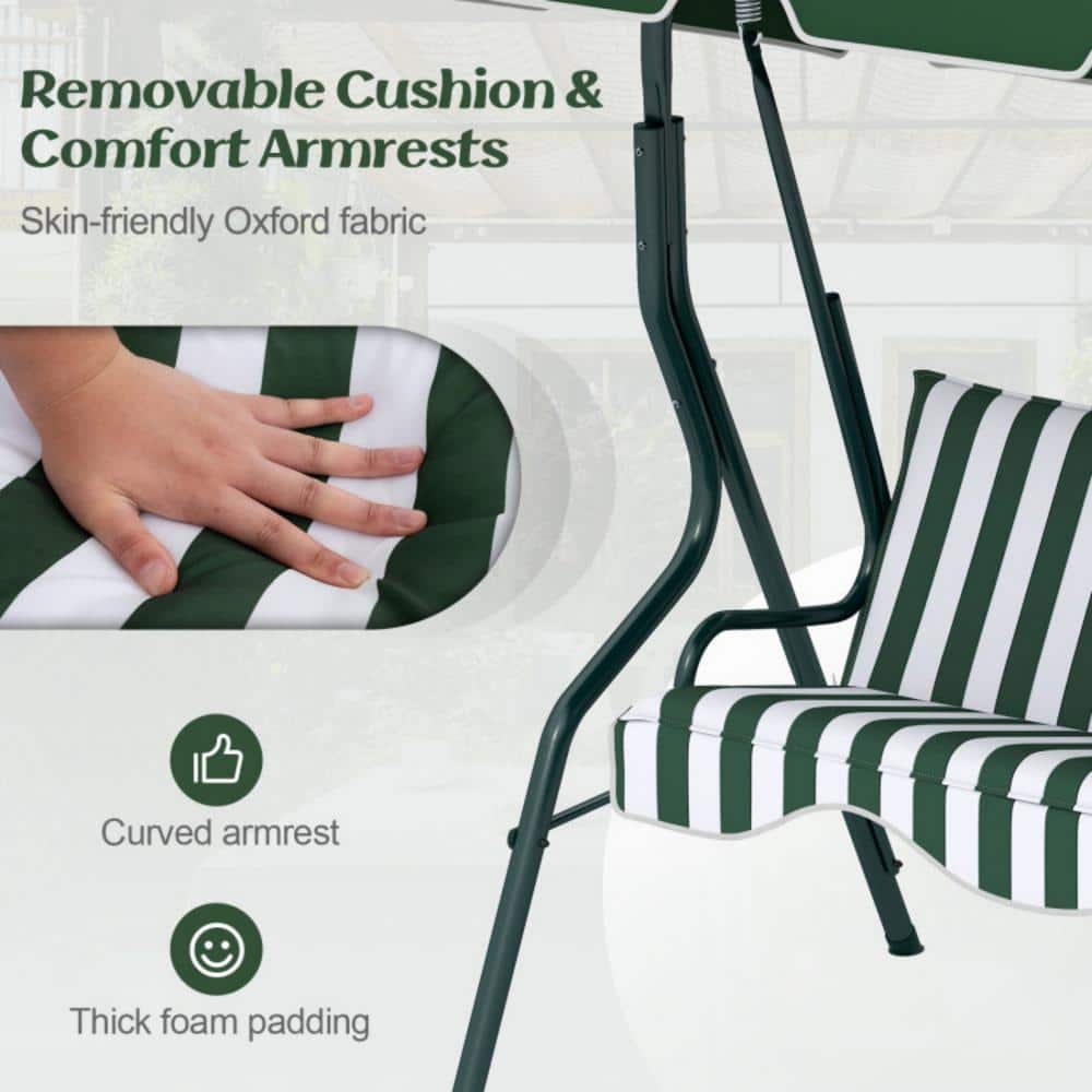 Green and White Striped Metal 3-Person Porch Swing with Adjustable Canopy