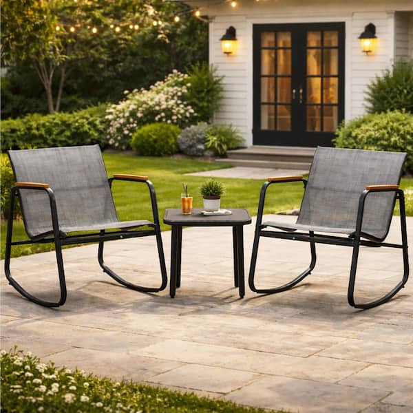 3 Piece Metal Patio Conversation Set with Wooden Armrests, Outdoor Patio Furniture Set with Glass Table (Gray)