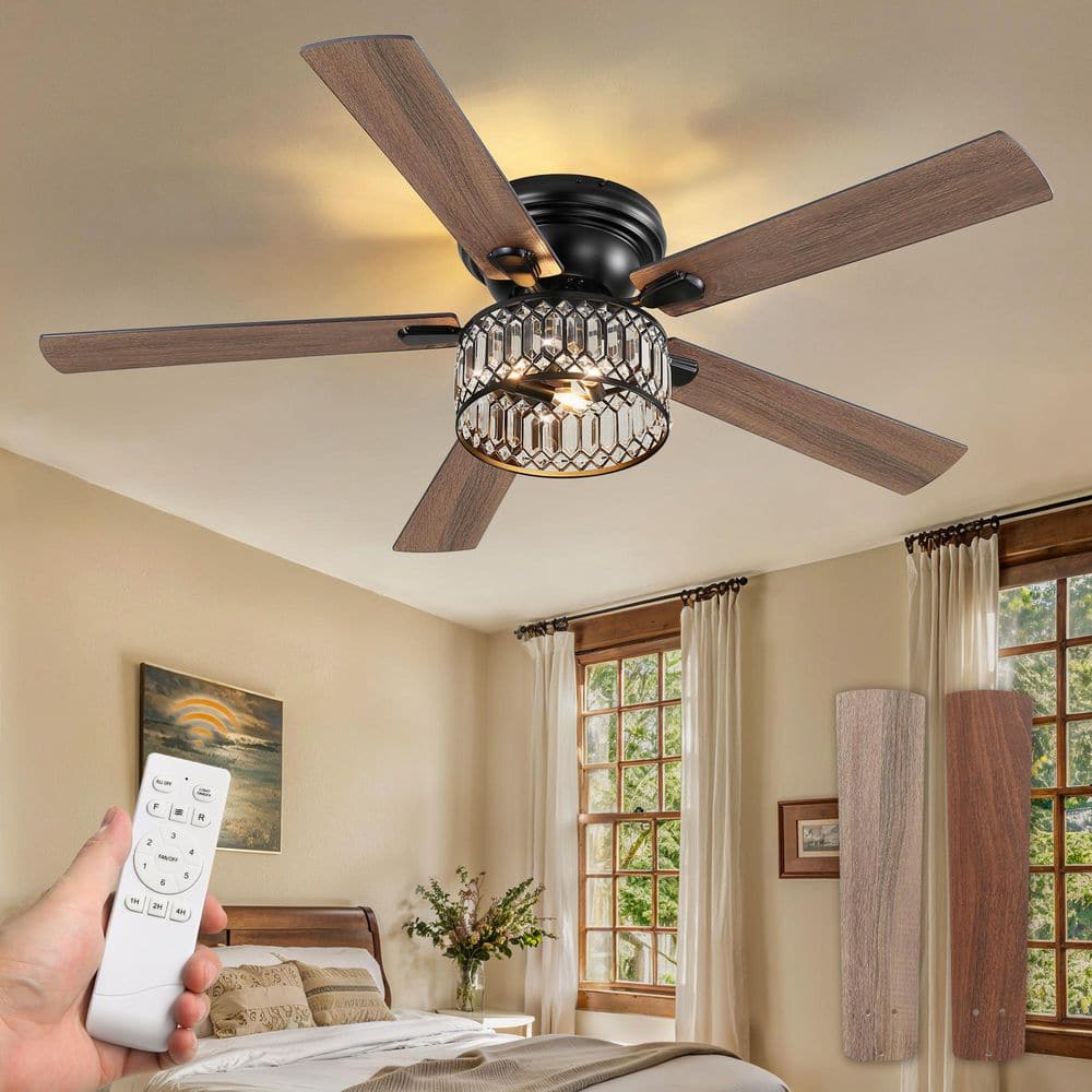 56 in. Black Indoor Flush Mount Crystal Farmhouse Chandelier 6 Wind Speeds Ceiling Fans with Lights and Remote Included price history on PriceWatchPro