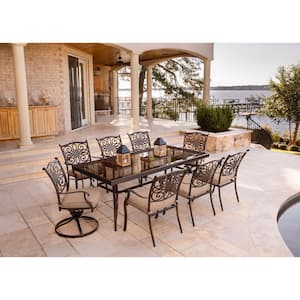 Traditions 9-Piece Aluminum Outdoor Dining Set with Rectangular Glass Table and 2 Swivels with Natural Oat Cushions