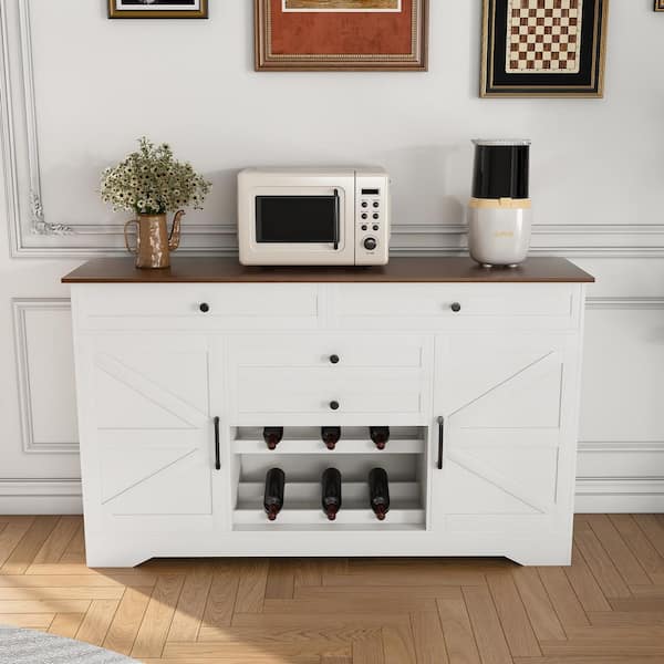 Farmhouse White Wood Top 54 in. Kitchen Island with Storage Cabinet and Adjustable Shelf