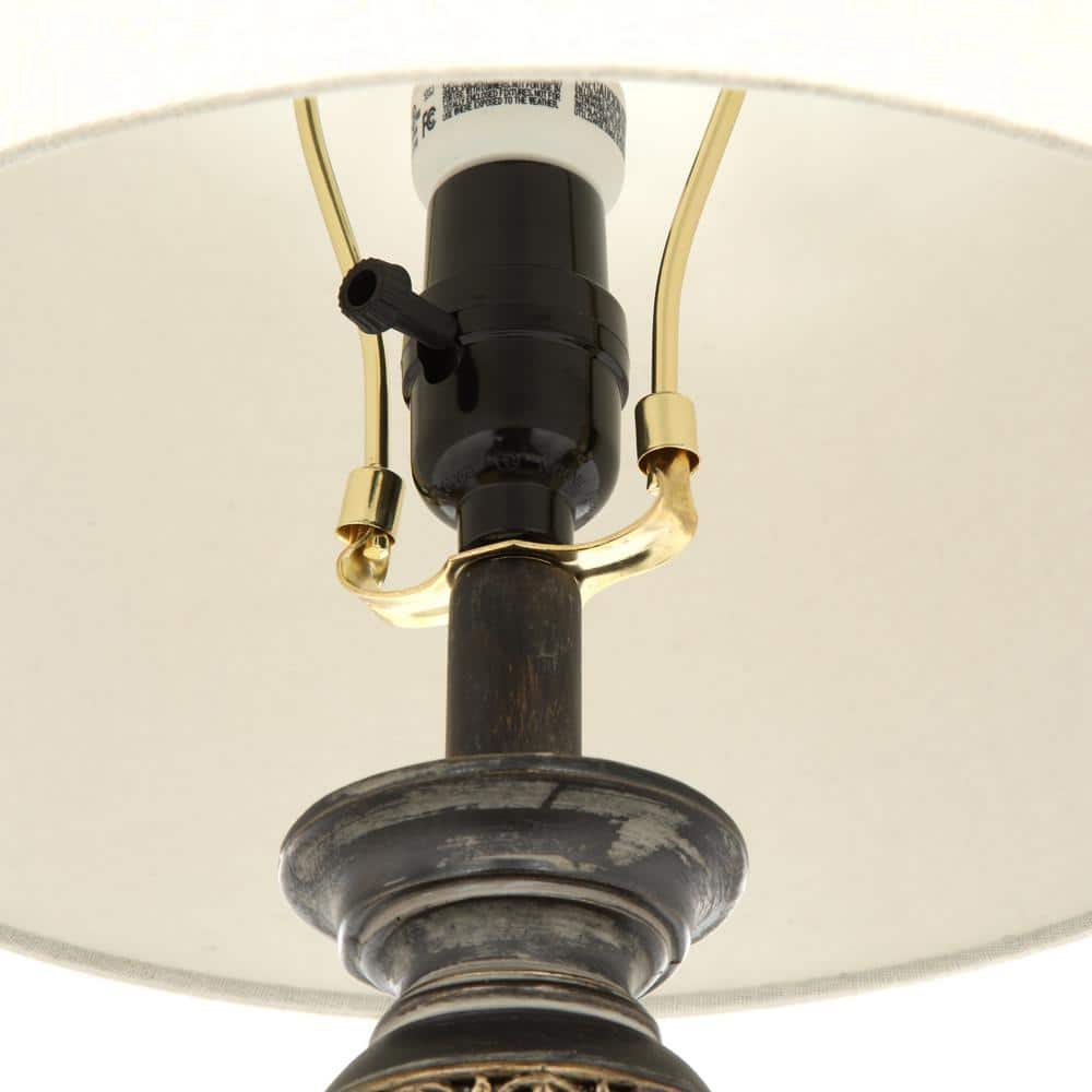 Aged Bronze Stacked Ball Table Lamp with Linen Flower Shade