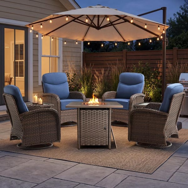 home.depot outdoor patio umbrellas and fire pit chairs PHI VILLA 7pc Dining Set with Umbrella, Swivel Wicker coated steel frame Patio Set - Fire Pit