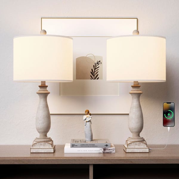 26.6 in. Beige Vintage Dimmable Resin Bedroom Living Room Bedside Desk Nightstand Table Lamps USB Port (Set of 2)