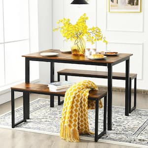 Patio 3-Piece Rectangle MDF Board Top Brown Table Set Bench