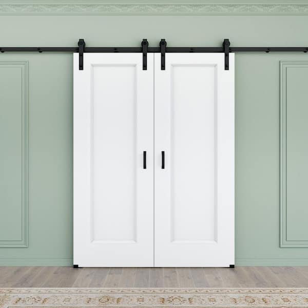 60 in. x 80 in. 1 Panel White Primed MDF Easy Install Sliding Barn Door with Hardware Kit for Bathroom Handle Included