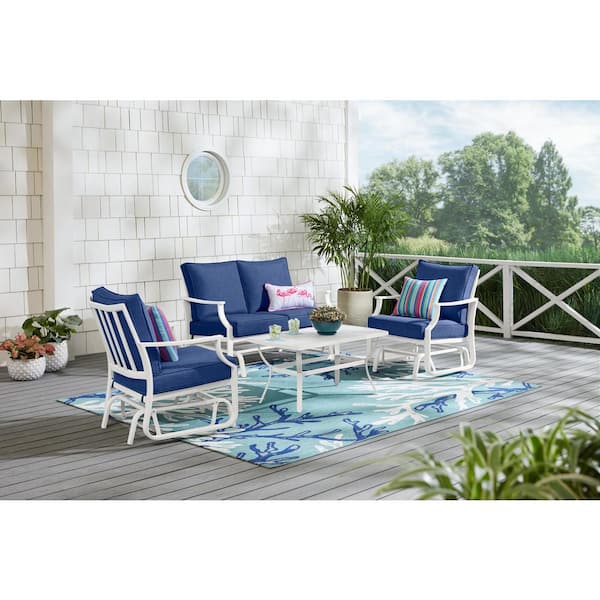Hampton Bay Harbor Point White 4-Piece Metal Patio Conversation Set with CushionGuard Mariner Blue Cushions