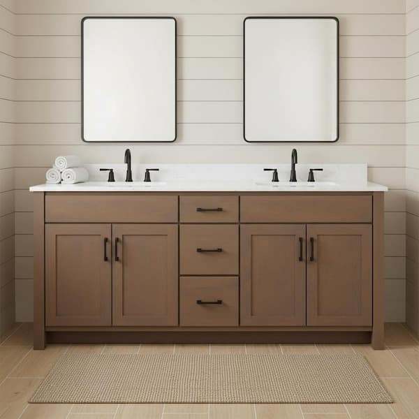 Kingham 73 in. Double Sink Driftwood Brown Freestanding Bath Vanity with Golden Carrara Quartz Top Assembled