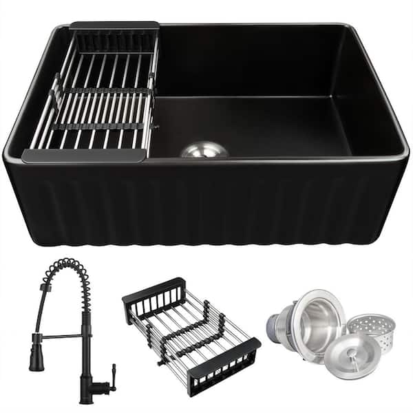 Black Fireclay 36 in. Single Bowl Apron-Front Kitchen Sink with Faucets and Basket Strainer