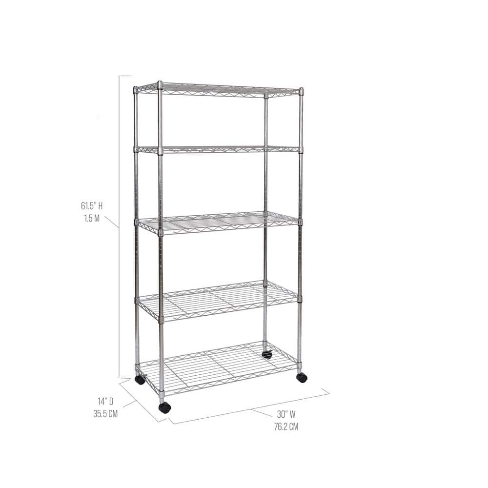 Seville Classics Chrome 5-Tier Steel Wire Shelving Unit with Wheels, 30"W x 61.5"H