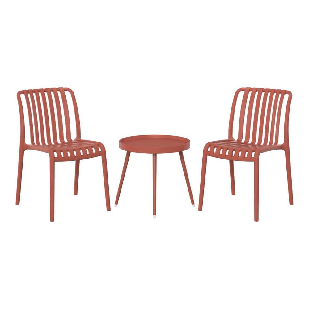 Frond and Form Outdoor Patio 3-Piece Poly Plastic Armless Chair with Round Side Table Bistro Set, Red