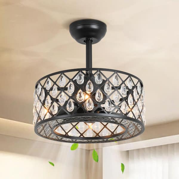 ANTOINE 17.7 in. Indoor Black Caged Ceiling Fan Crystal Ceiling Fan with Lights and Remote Included