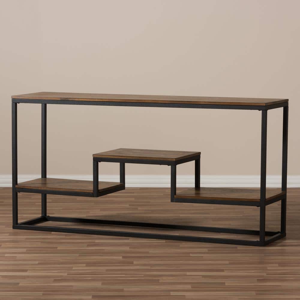 Rustic Industrial Black Metal and Distressed Wood Console Table with Storage