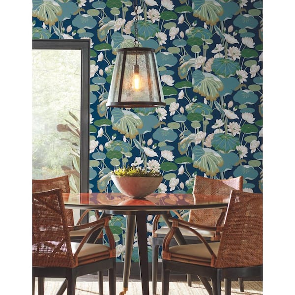 Lotus Pond Indigo/Gold Multi-Colored Metallic Pre-pasted Paper Wallpaper 60.75 sq. ft