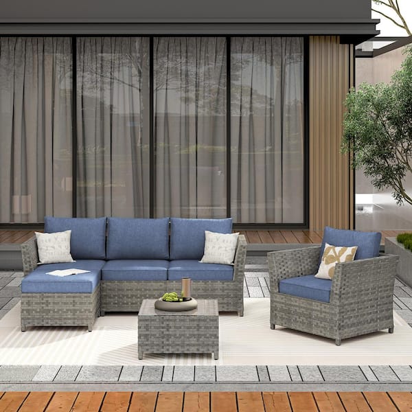 XIZZI Bella Gray 6-Piece Wicker Outdoor Sectional Set with Denim Blue ...