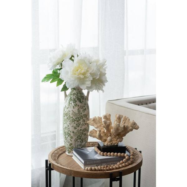 16 in. Round White Ceramic Pitcher Vase with Green Floral Pattern