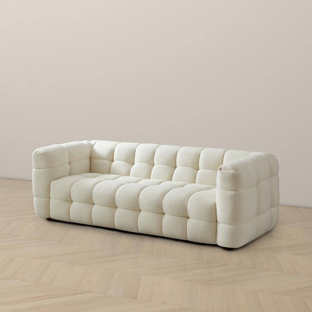 Mid-Century Modern White Tufted Microfiber Sofa with Wood Base