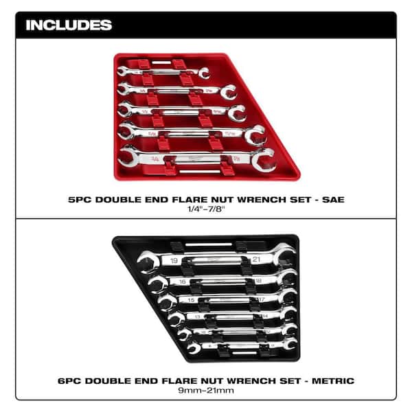 Double End SAE and Metric Flare Nut Wrench Set (11-Piece)