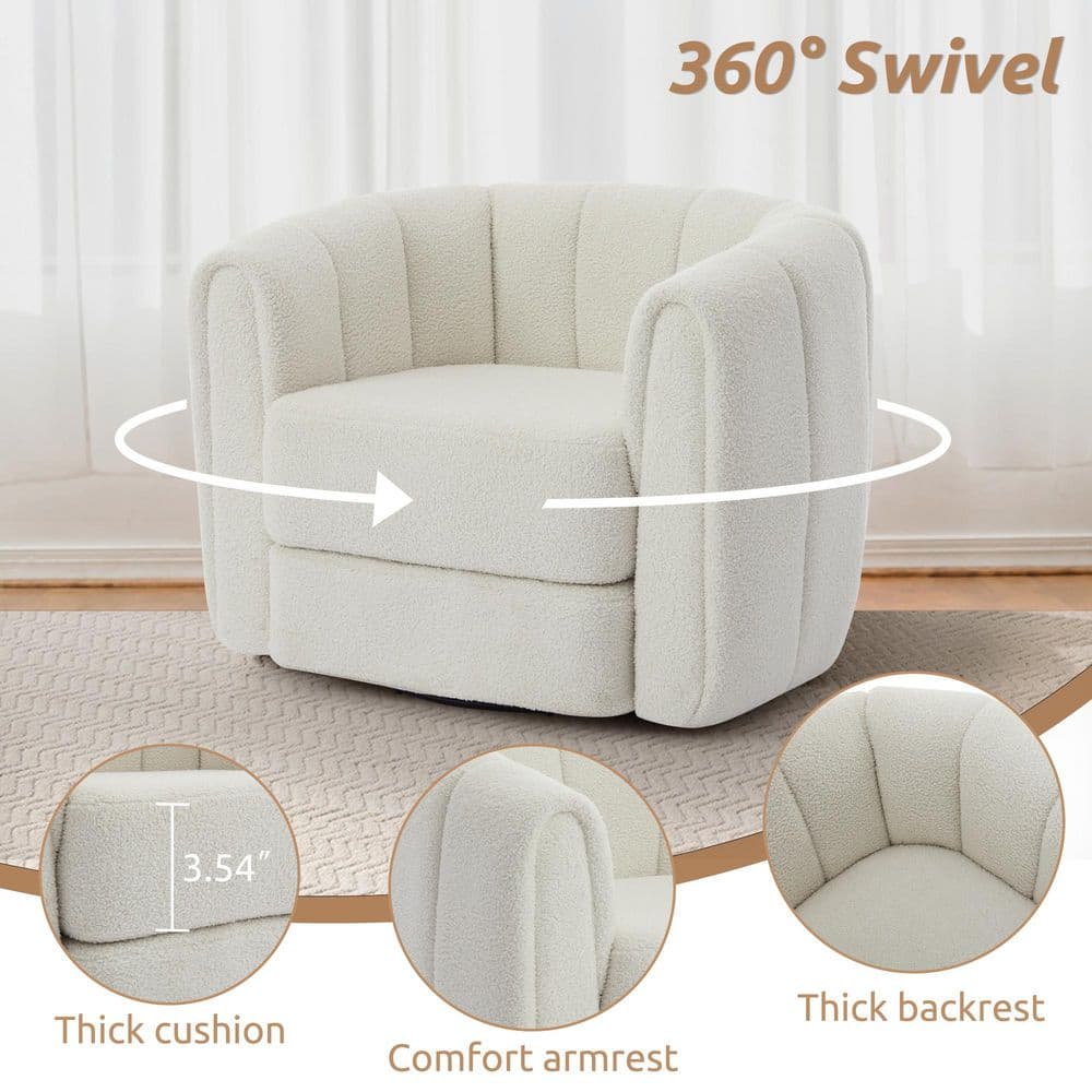White Velvet Swivel Barrel Accent Chair with Wood Frame
