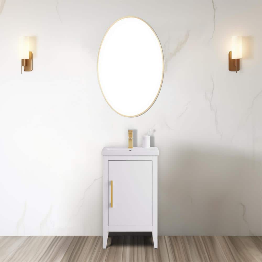 White and Golden Brushed Single Bathroom Vanity with Ceramic Top