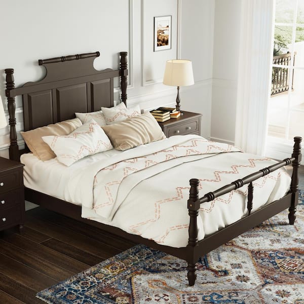 Harper & Bright Designs Brown Timeless Elegance Wood Frame King Size Four Poster Platform Bed with Elegantly Turned Posts