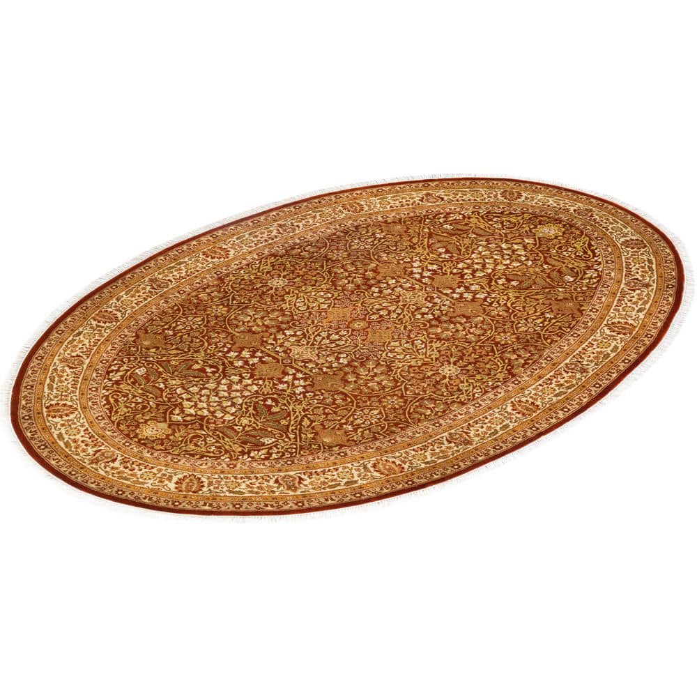 Elegant Hand-Knotted Red Wool Oriental Oval Rug, 91" x 61"