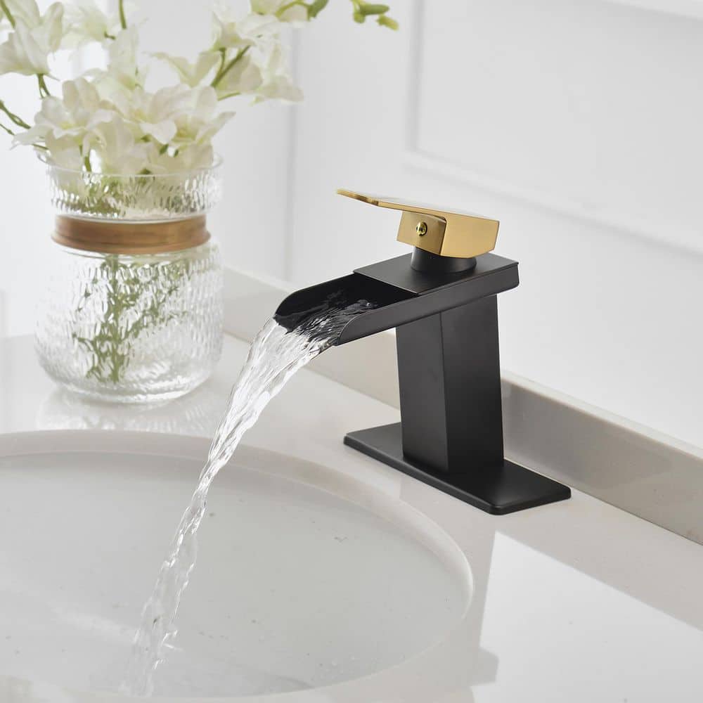 Matte Black and Gold Single-Handle Waterfall Bathroom Faucet