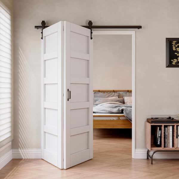 ARK DESIGN 60 in. x 80 in. Paneled 5 Lite White Primed MDF Bifold Sliding Barn Door with Hardware Kit