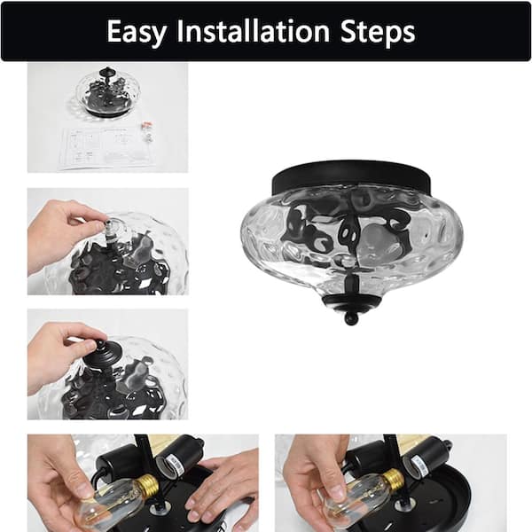 Lumin 9 in.Dia 2-Light Farmhouse Matte Black Flush Mount Empire Ceiling Light with Hammered Glass shade for Hallway