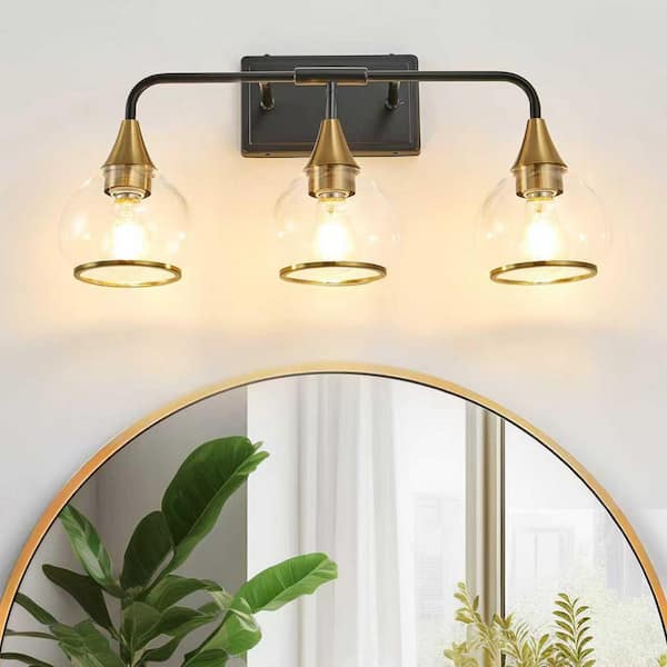 GMGSROM 23 in. 3-Light Matte Black and Gold Modern Vanity Light with Clear Glass Shade