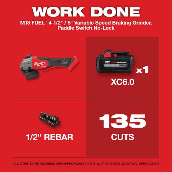 M18 FUEL 18V Lithium-Ion Brushless Cordless 4-1/2 in./5 in. Grinder w/ Variable Speed and Paddle Switch w/6.0Ah Battery