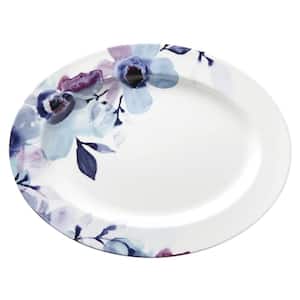 16 in. Indigo Watercolor Floral Oval Platter
