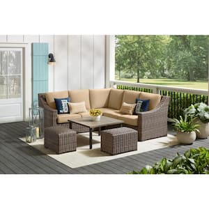 Rock Cliff 6-Piece Brown Wicker Outdoor Patio Sectional Sofa Set with Ottoman and Sunbrella Beige Tan Cushions