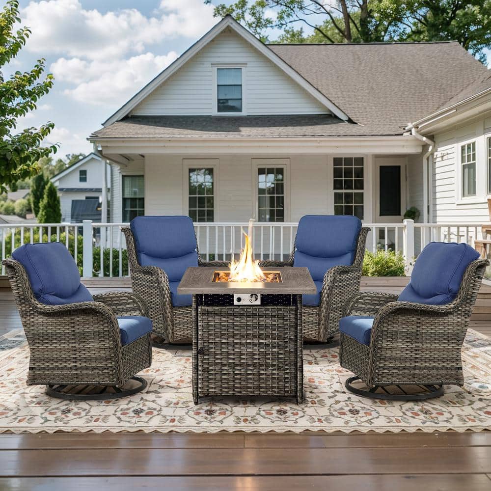 5-Piece Gray Wicker Outdoor Square Fire Pit Conversation Set with Blue Cushions and Swivel Rocker Patio Chairs price history on PriceWatchPro