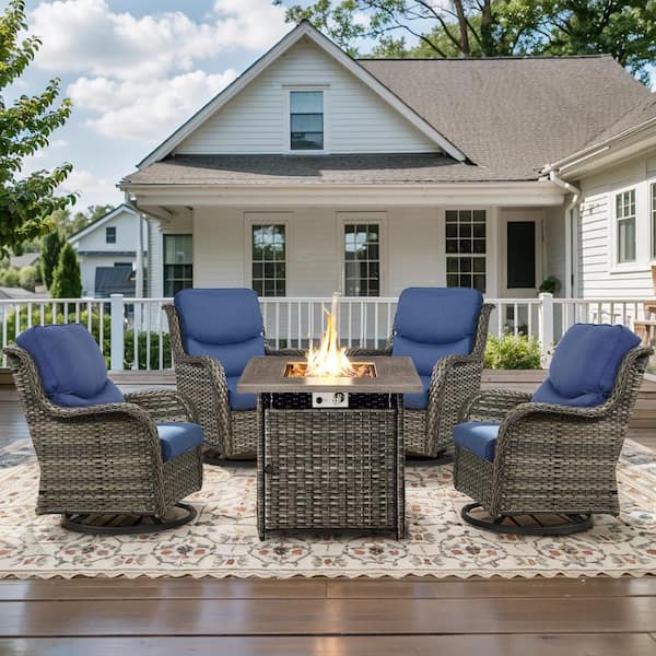 Opohoro 5-Piece Gray Wicker Outdoor Square Fire Pit Conversation Set with Blue Cushions and Swivel Rocker Patio Chairs