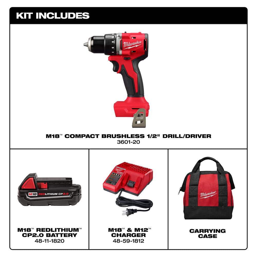 Milwaukee M18 18V Lithium-Ion Brushless Cordless 1/2 in. Compact Drill/Driver with One 2.0 Ah Battery, Charger and Tool Bag 3601-21P