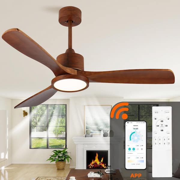 Farmhouse Series 52 in. Smart Brown Wood Low Profile 3-Blade Ceiling Fan with Warm Light LED with Remote Downrod Mount