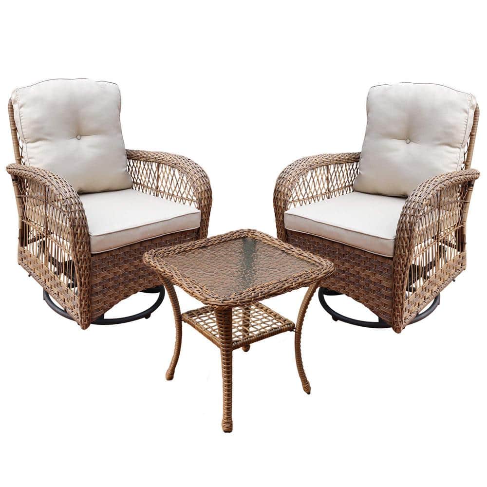 3-Pieces Yellow Wicker Outdoor Patio Conversation Set, Rocking Chair, with 