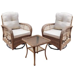 3-Pieces Yellow Wicker Outdoor Patio Conversation Set, Rocking Chair, with Beige Cushion, and Side Table, for Backyard