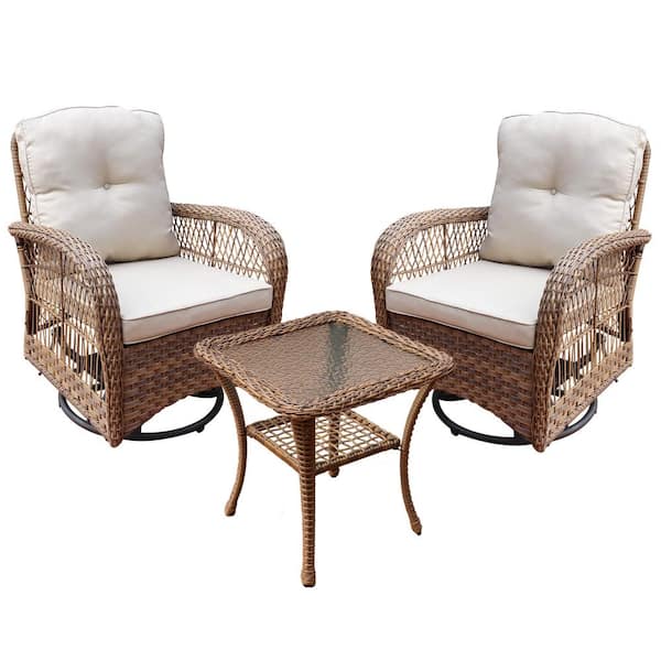 Unbranded 3-Pieces Yellow Wicker Outdoor Patio Conversation Set, Rocking Chair, with Beige Cushion, and Side Table, for Backyard