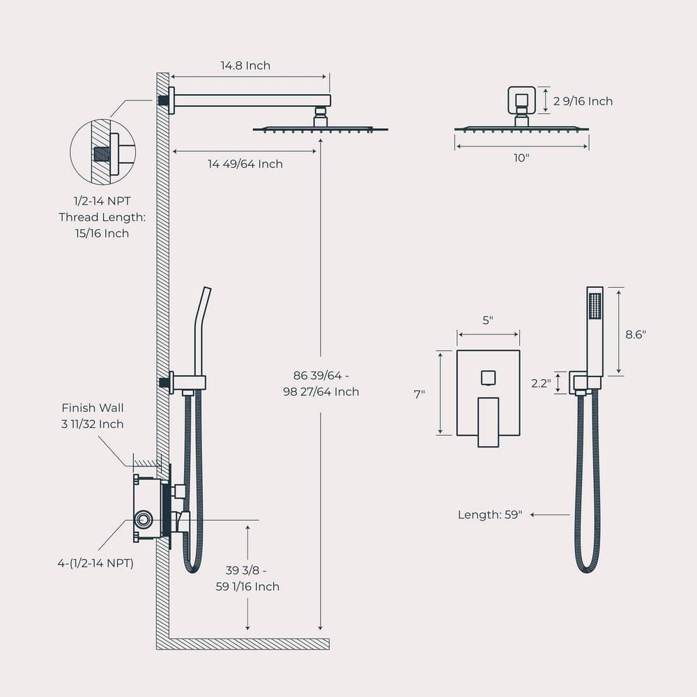 10-Inch Chrome Square Rainfall Shower System with Handheld