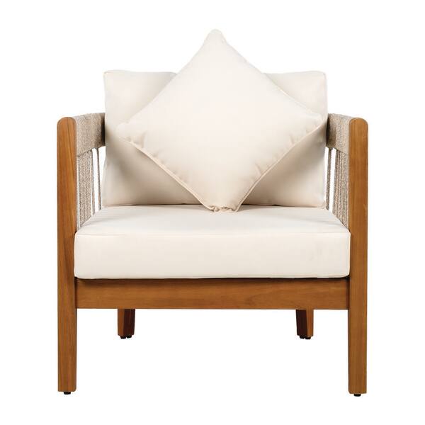 Acacia Wood Outdoor Lounge Chair with Removable Beige Cushions