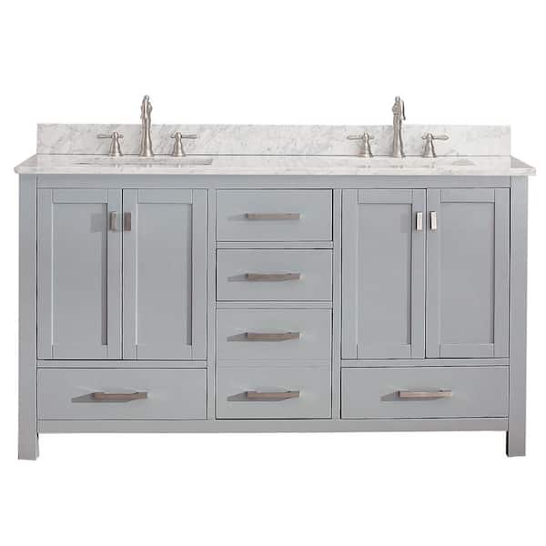 Modero 61 in. Double Sink Chilled Gray Bath Vanity with Carrara White Marble Top