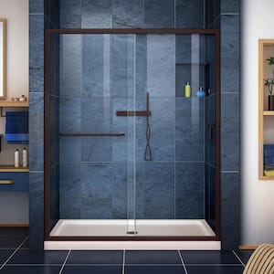 Infinity-Z 30 in. x 60 in. Semi-Frameless Sliding Shower Door in Oil Rubbed Bronze with Center Drain Base in Biscuit