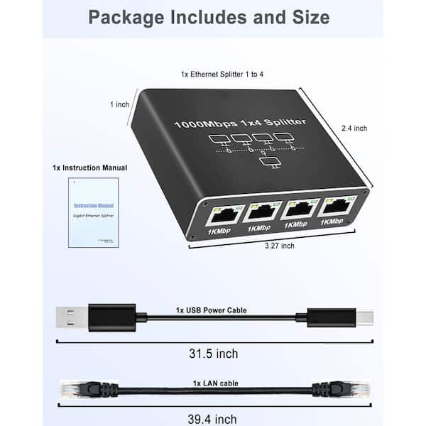 Vrbgify Ethernet Splitter 1 to 4 Network Hub with LAN Cable Vrbgify Ethernet Splitter 1 to 4 Network Hub with LAN Cable