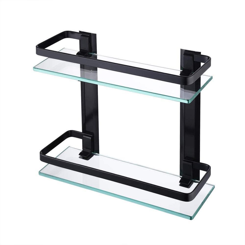 Acehoom 14 in. W x 10 in. D x 1.6 in. H Wall Mount Bathroom Corner Triangle Glass Shelf in Matte Black