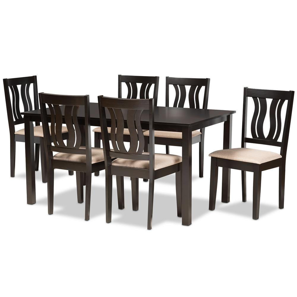 Fenton Sand Fabric & Dark Brown Wood 7-Piece Dining Set